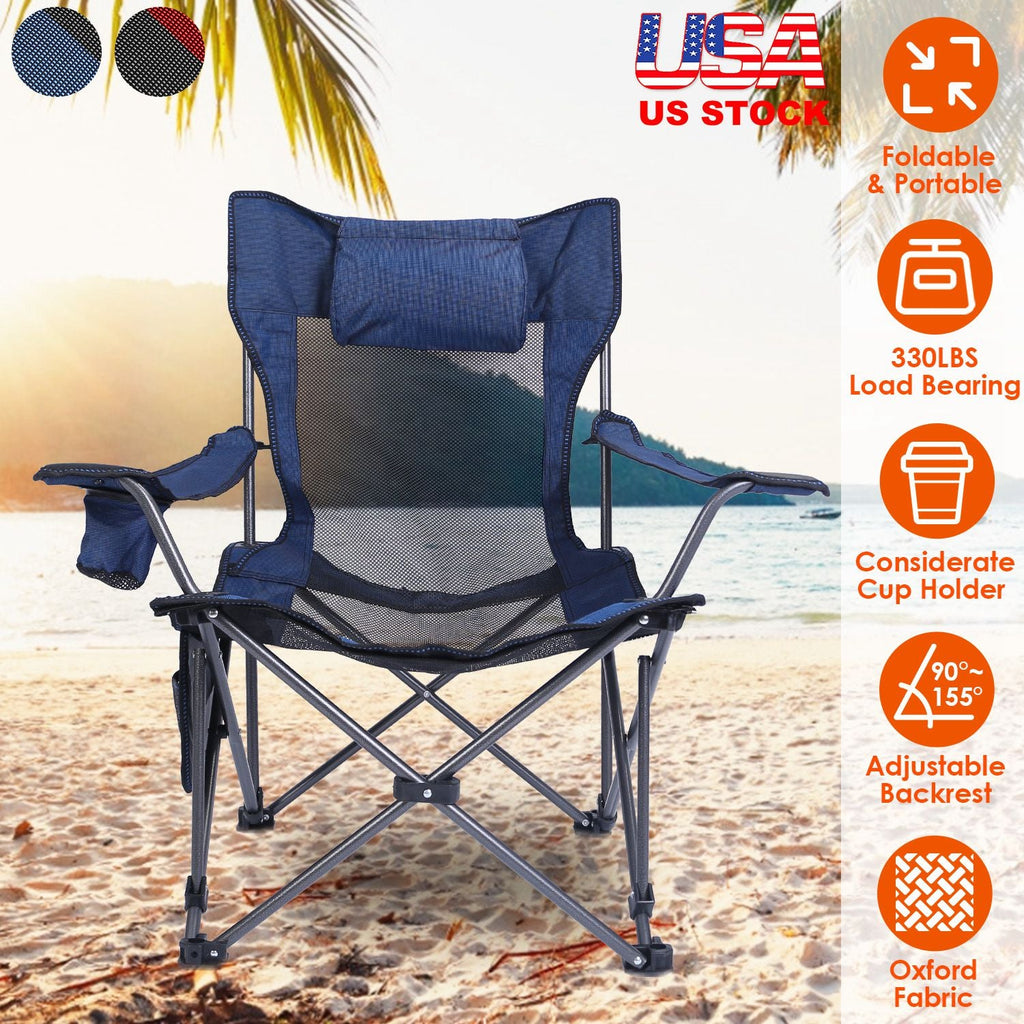 Foldable Camping Chair 330LBS Load Heavy Duty Steel Lawn Chair Collapsible Chair with Reclining Backrest Angle Cup Holder Pillow Side Pocket Carry Bag