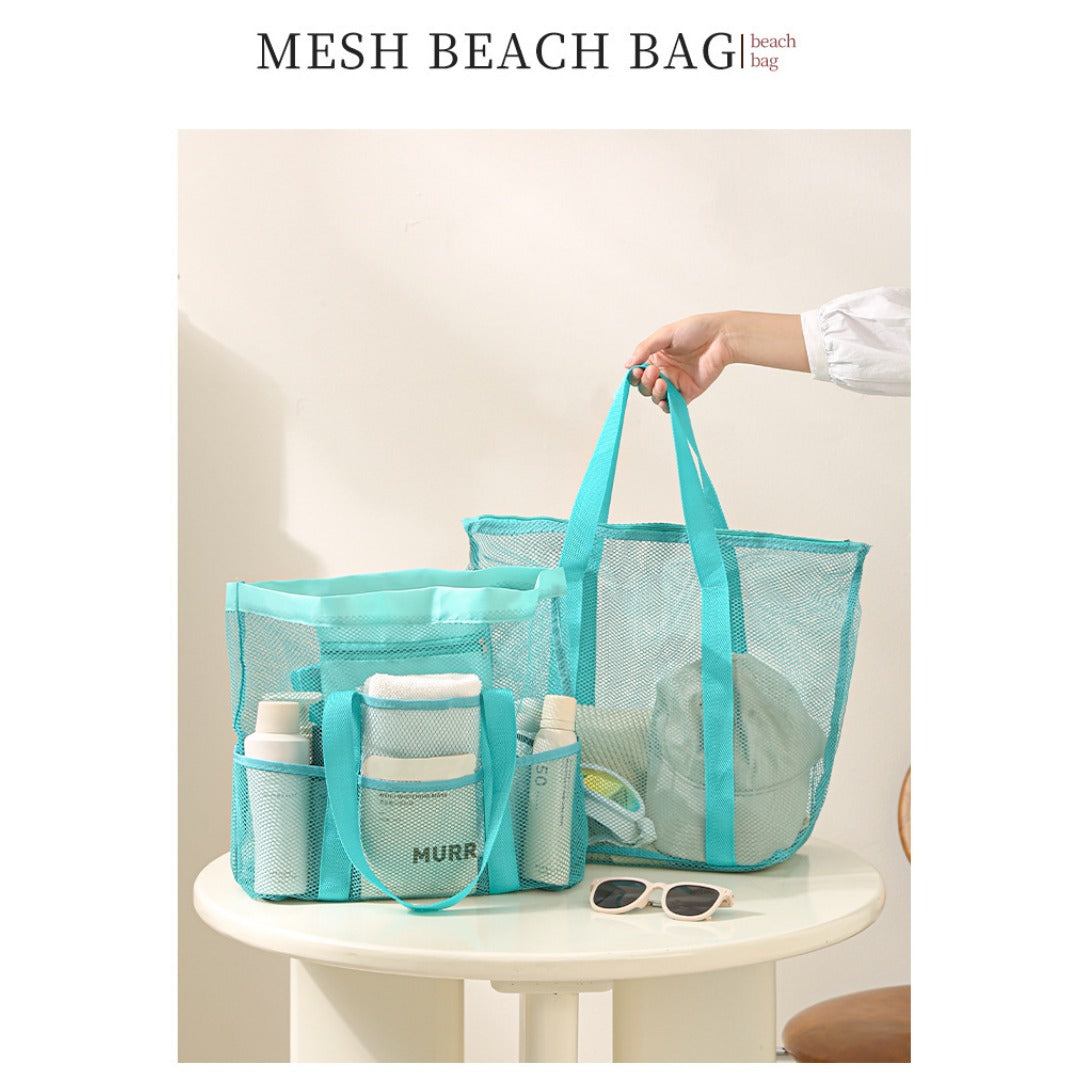 Mesh Shower Tote Bag, Portable Beach Bag, Summer Travel Large Capacity Portable Mesh Tote Bag, Foldable Wash and Makeup bag large