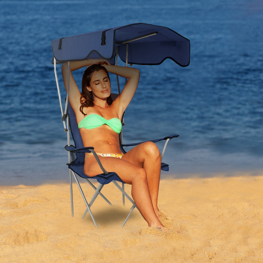 Foldable Beach Canopy Chair Sun Protection Camping Lawn Canopy Chair 330LBS Load Folding Seat w/ Cup Holder For Beach Poolside Travel Picnic