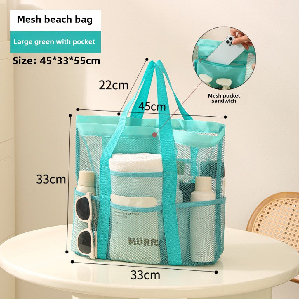 Mesh Shower Tote Bag, Portable Beach Bag, Summer Travel Large Capacity Portable Mesh Tote Bag, Foldable Wash and Makeup bag large