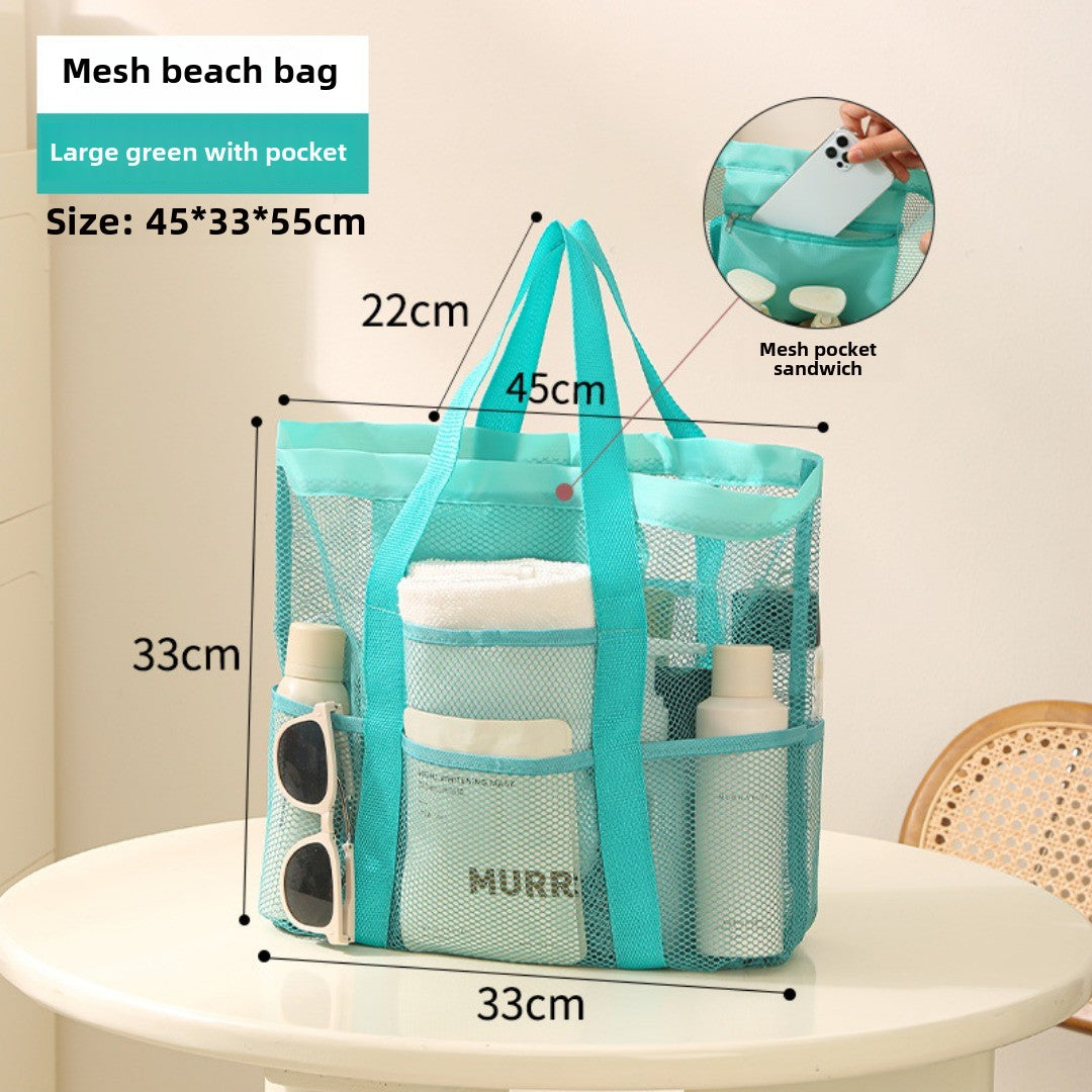 Mesh Shower Tote Bag, Portable Beach Bag, Summer Travel Large Capacity Portable Mesh Tote Bag, Foldable Wash and Makeup bag large