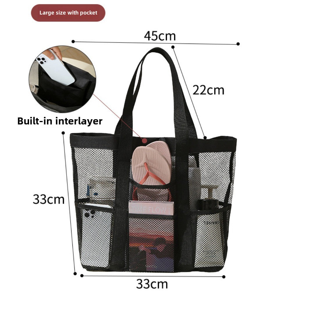 Mesh Shower Tote Bag, Portable Beach Bag, Summer Travel Large Capacity Portable Mesh Tote Bag, Foldable Wash and Makeup bag large